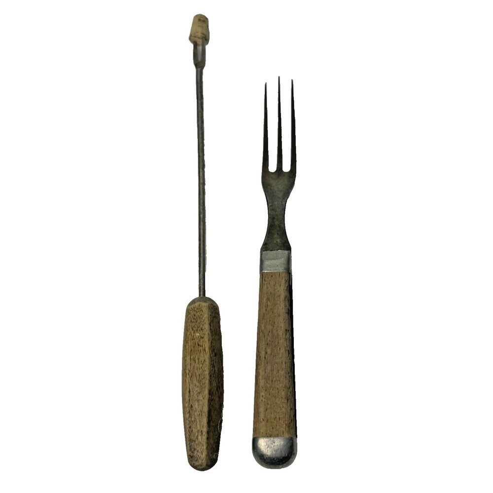 Vintage Swiss Fondue MCM Fork Set Wood Handle 50s 60s 3-Prong 2-Prong Lid Lifter